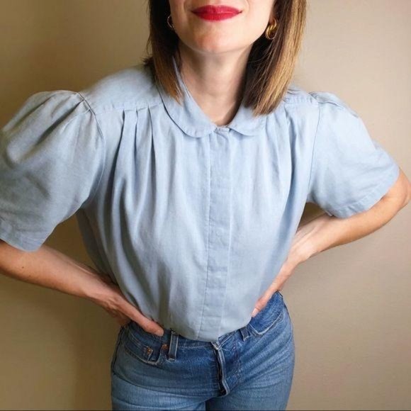 Vintage Tops - Vintage cottagecore puff sleeve poplin blouse L